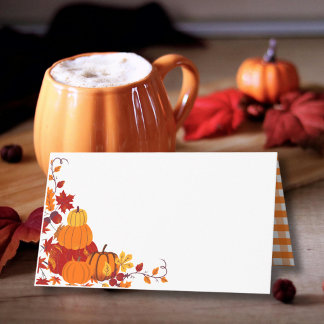 Erntedankfest Orange Kürbis Herbstlaub Platzkarte