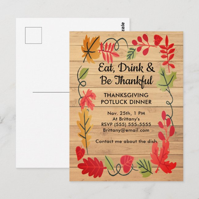 Erntedankfest-Potluck-Abendessen LT Braune Holz-Ei Postkarte (Vorne/Hinten)