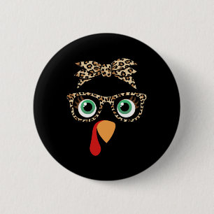 Erntedankfest Truthahn Gesicht Mädchen Leopard Bog Button