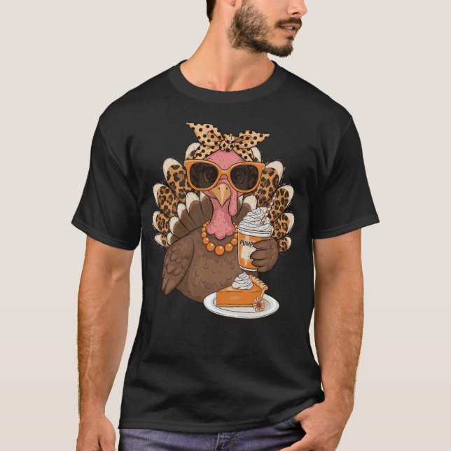 Erntedankfest Truthahn trinkt Kaffee Leopard   T-Shirt (Vorderseite)