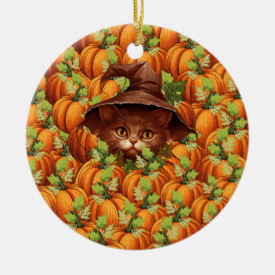 ERNTEDANKSGESTEHEN KÜRBISSE SÜßE KATZE KERAMIK ORNAMENT