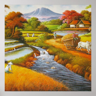 Erntezeit: Eine Landschaft mit einem Berg Poster