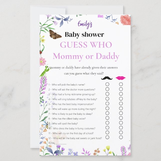 Errate Wer? Mami oder Papi Mädchen Baby Shower Spi (Vorderseite)
