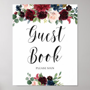 Erröten Burgunder Navy Blumen Hochzeitsgästebuch S Poster
