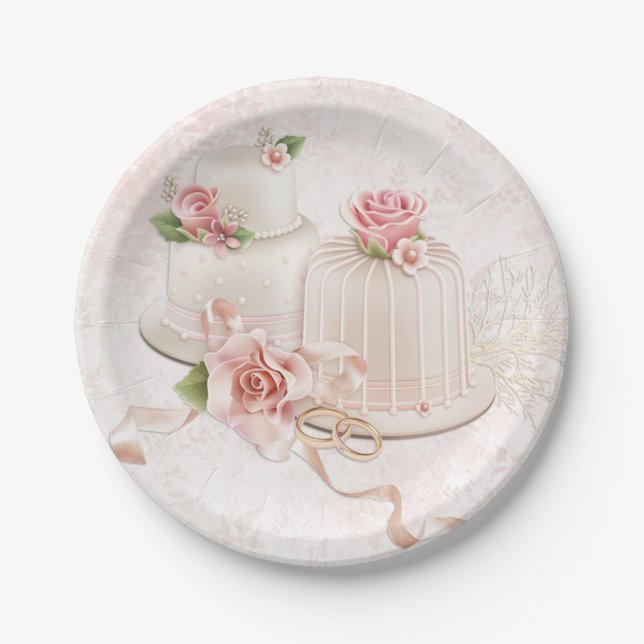 Erröten Hochzeits-Kuchen mit Rosen Pappteller (Vorderseite)
