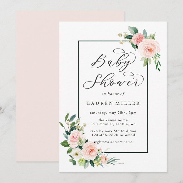 Erröten rosa Aquarell-Blüten-Babyparty Einladung (Vorne/Hinten)