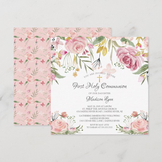 Erröten rosa Blumenerste heilige Kommunion Einladung (Vorne/Hinten)