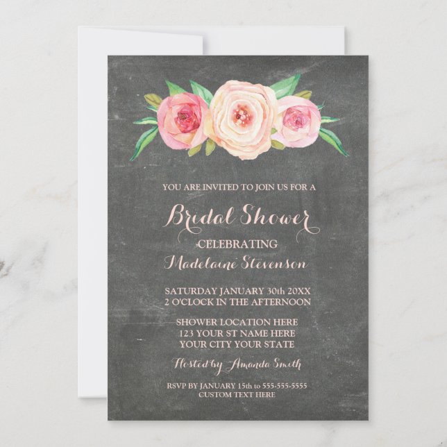 Erröten rosa Blumentafel-Brautparty Einladung (Rückseite)