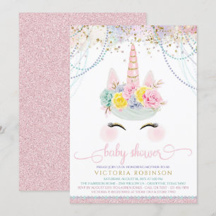 Erröten rosa Einhorn-Mädchen-Babyparty Einladung