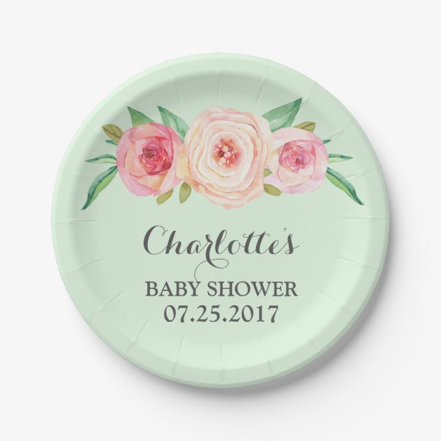 Erröten rosa tadellose grüne Babyparty-mit Pappteller (Vorderseite)