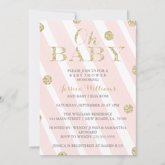 Erröten Rosa-und GoldBabyparty-Einladungen Einladung (Vorderseite)
