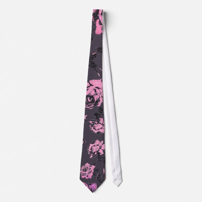 Erröten Rosa und schwarze Blumendruck-rustikale Krawatte (Vorderseite)