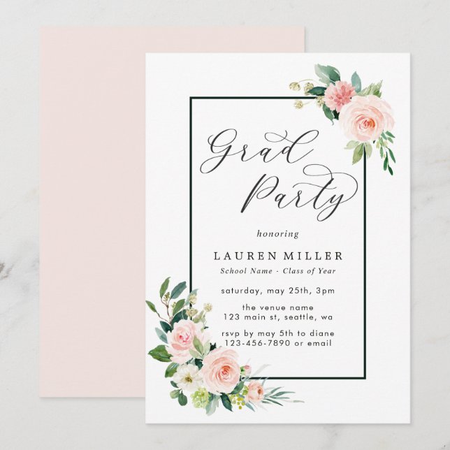 Erröten rosa Watercolor-Blüten-Abschluss-Party Einladung (Vorne/Hinten)