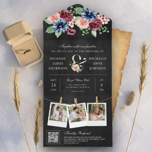 Erröten Sie Navy Burgund Blumen QR-Code Schwarze H All In One Einladung