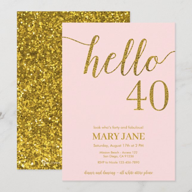 Erröten und Gold Glitzer 40. Geburtstag Einladung (Vorne/Hinten)