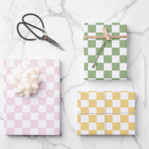 Errötend Rosa Grün Gelb Karierte Quadrate Geburtst Geschenkpapier Set
