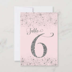 Errötend Rosa Silber Glitter Tischkarten Nummer 6 Einladung