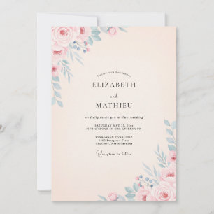 Errötende Blaue Botanische Aquarell-Hochzeit Einladung