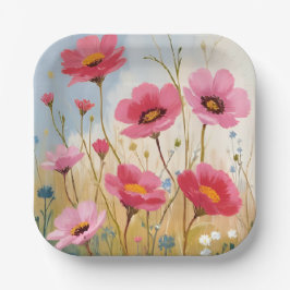 Errötende Blüten | Rosa Blumenwiese Floral Pappteller