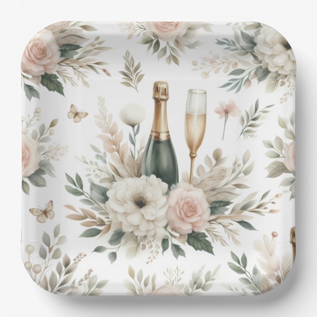 Errötende Florale Champagner-Party-Teller Pappteller (Vorderseite)