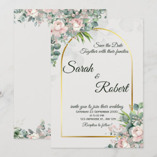 Errötende Florale Goldene Bogen-Hochzeitseinladung Einladung