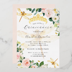 Errötende Florale Goldene Libelle Quinceanera Folieneinladung