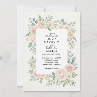 Errötende Florale Rose & Eukalyptus Hochzeit Einladung