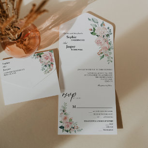 Errötende Florale Weiße All-in-Ein-Hochzeitseinlad All In One Einladung