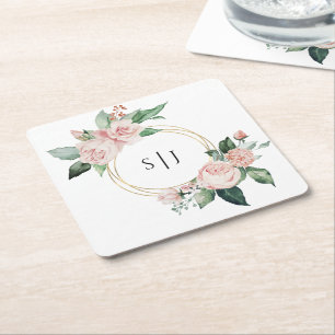 Errötende Florale Weiße Hochzeitsmonogramm Rechteckiger Pappuntersetzer