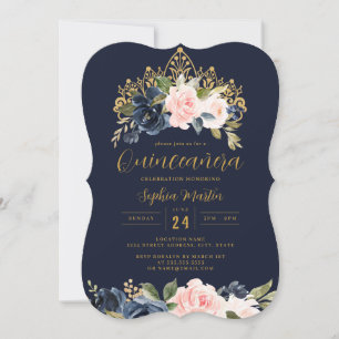 Errötende marineblaue Blumen-Tiara Quinceanera  Einladung