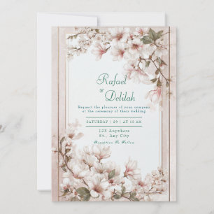 Errötende Pinke Kirschblüten Goldrahmen Hochzeit Einladung