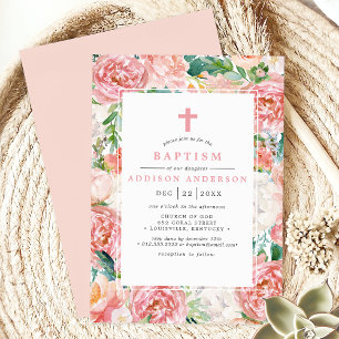 Errötende Rosa Aquarell-Pfingstrose Blumen-Taufe Einladung