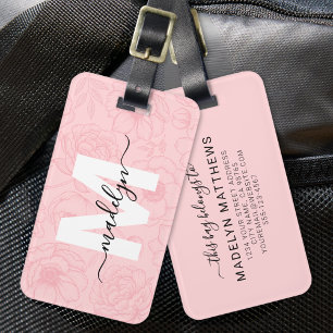 Errötende rosa Blumen Monogramm Name Gepäckanhänger