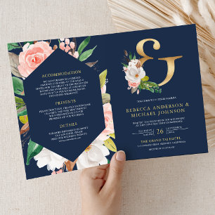 Errötende rosa florale Ampersand-Navy-QR-Code-Hoch Einladung