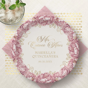 Errötende rosa florale Quinceanera Pappteller