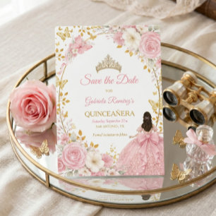 Errötende rosa Rosen Golden Quinceañera Save the