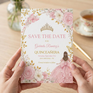 Errötende rosa Rosen Golden Quinceañera Save the Date