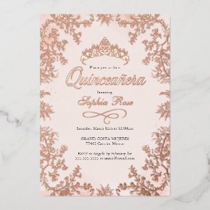Errötende Roségold-Krone Floral Quinceanera  Folieneinladung