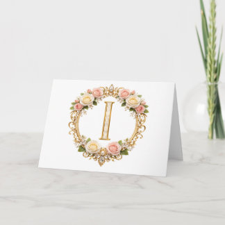 Errötende Rosen Gold Florales Monogramm Buchstabe Dankeskarte