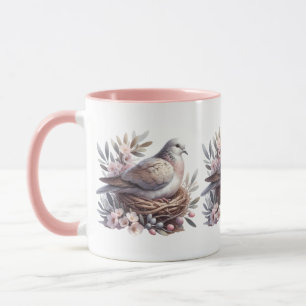 Errötende Taube mit Blumen und Olivenzweigen Tasse
