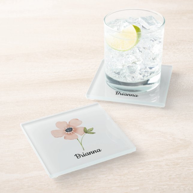 Errötende Wasserfarben-Blume Name Glasuntersetzer (Schrägansicht)