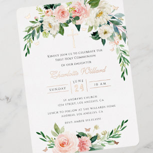 Errötender Kranz Rose Gold Kreuz Erstkommunion Folieneinladung