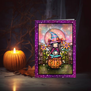 Errötender Mond Süße Hexe und Katze Halloween Kuns Karte