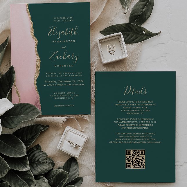 Errötendes Gold Achat Smaragdgrün QR-Code Hochzeit Einladung (Von Creator hochgeladen)