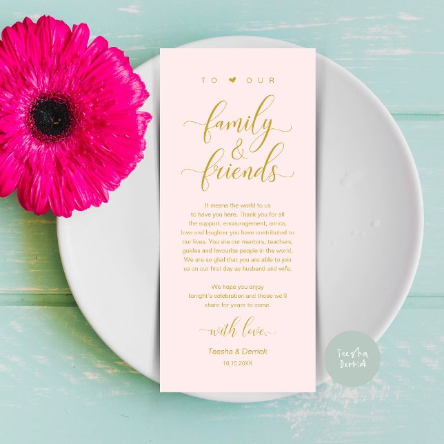 Errötendes Gold Hochzeit Tischdekoration Dankeskar Programm (Gold and Blush Wedding Place Setting Thank You Card, Dinner Lunch Brunch Party Celebration)
