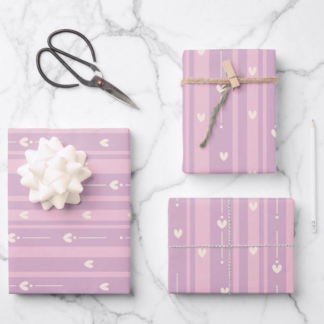 Errötendes Herzstreifenmuster Geschenkpapier Set (Vorderseite)