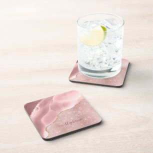 Errötendes Rosa Achat-Funkel-Glamour-Monogramm Getränkeuntersetzer
