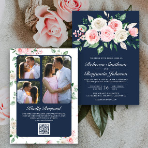 Errötendes Rosa Blumen Navy Blau QR-Code Hochzeit Einladung