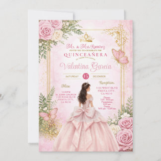 Errötendes Rosa Blumenband Goldrahmen Schmetterlin Einladung