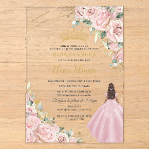 Errötendes Rosa Blumenprinzessin Gold Quinceanera Acryleinladungen